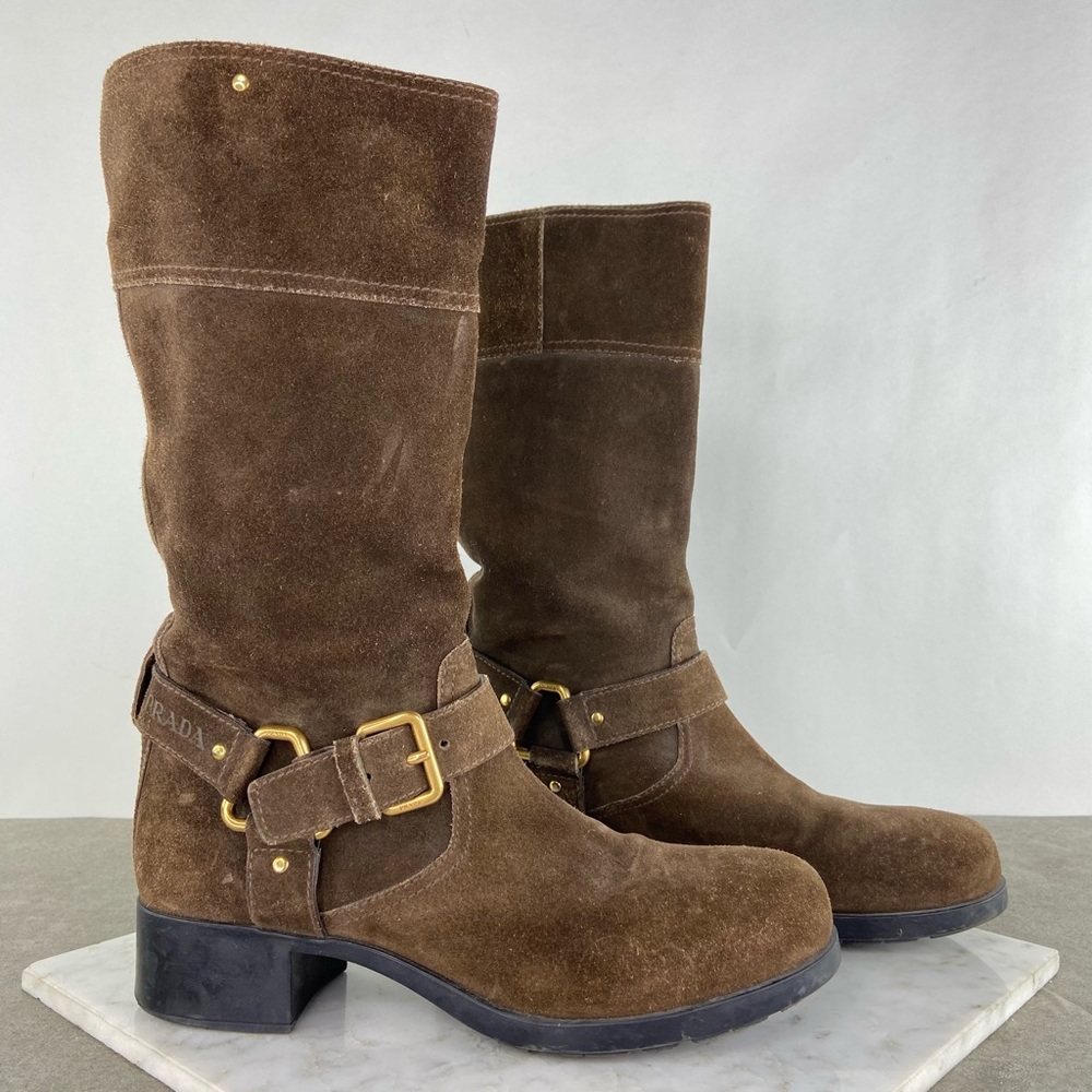 Prada Brown Suede Block Heel Buckle Tall Boots
